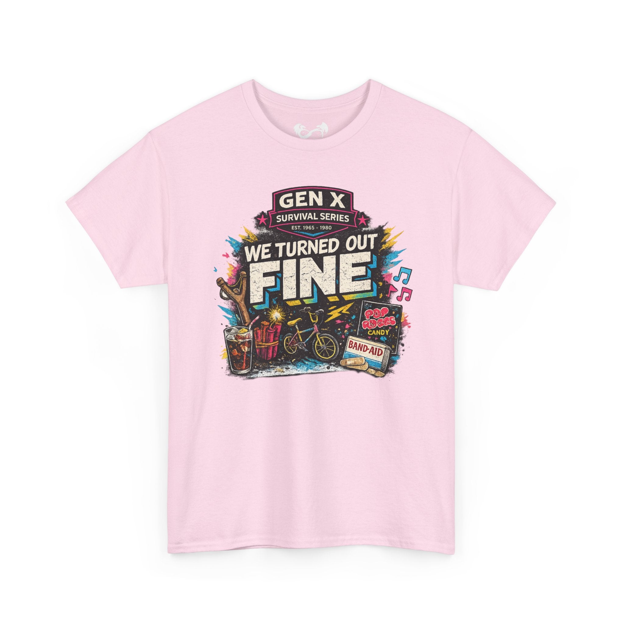 Pink t-shirt with colorful graphic design on a white background