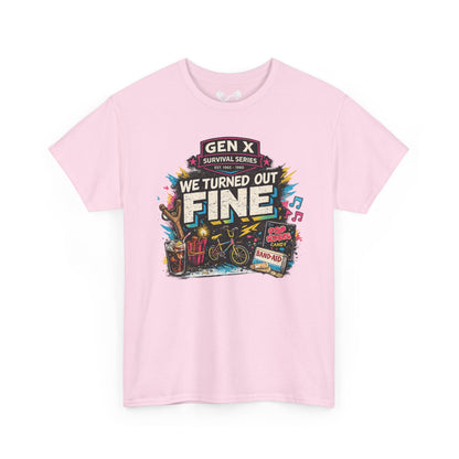 Pink t-shirt with colorful graphic design on a white background