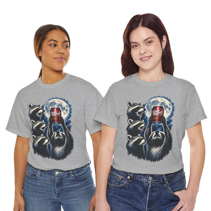 Two women modeling matching heather gray graphic T-shirts featuring a Raccoons Worshiping a can of Dr. Pepper Soda With Full Moon Comfortable Cotton T-Shirt