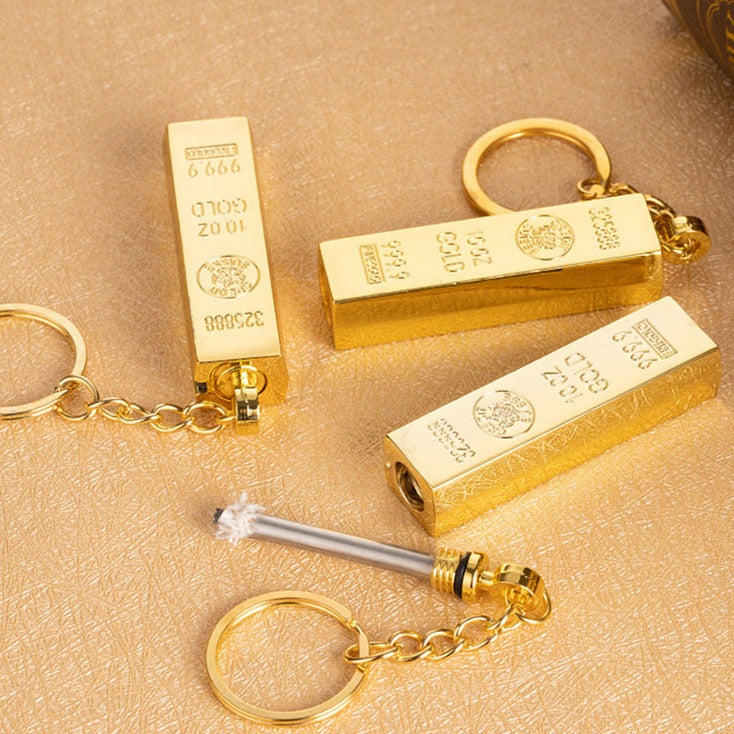 This Gold Bar Ten Thousand Strikes Lighter is perfect for avid outdoor adventurers, thanks to its reliable wind-resistant flame that can withstand up to 10,000 strikes. Its durable design features a gold-plated finish and a classic flint-wheel ignition, making it the perfect choice for reliable lighting and style. 