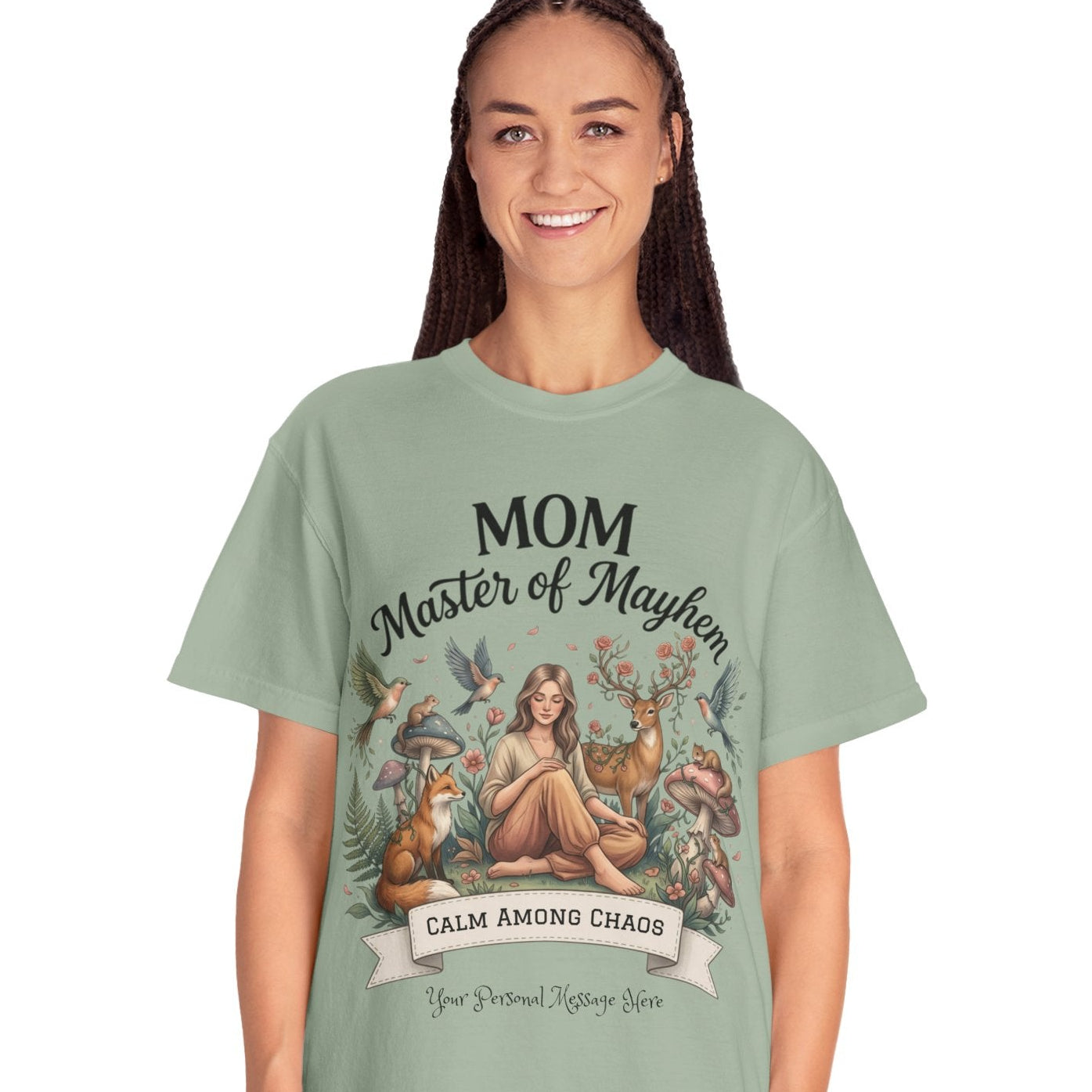 Woman wearing a green t-shirt with a graphic design and text on a white background
