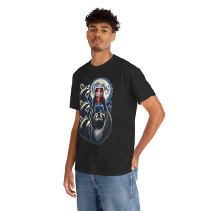 A man wearing a black short-sleeve t-shirt with a detailed graphic print of a Raccoons Worshiping a can of Dr. Pepper Soda With Full Moon Comfortable Cotton T-Shirt