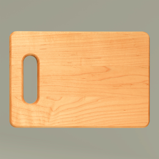 Wooden cutting board with a handle on a gray background