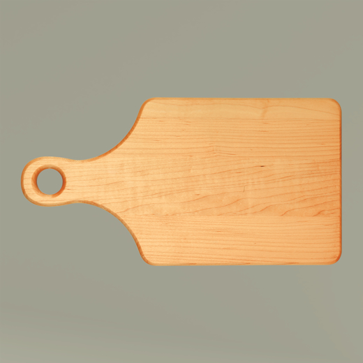 Wooden cutting board with a handle on a gray background