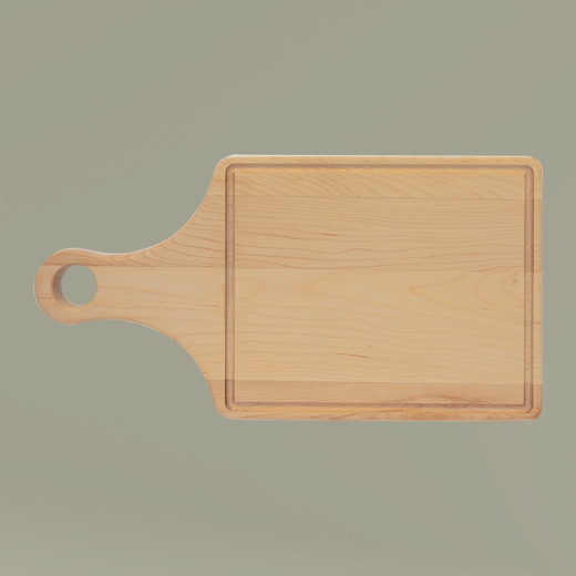 Wooden cutting board with handle on a beige background