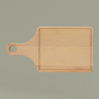 Wooden cutting board with handle on a beige background
