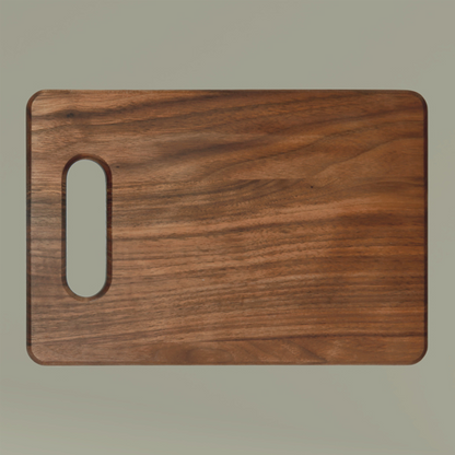 Wooden cutting board with a handle on a beige background