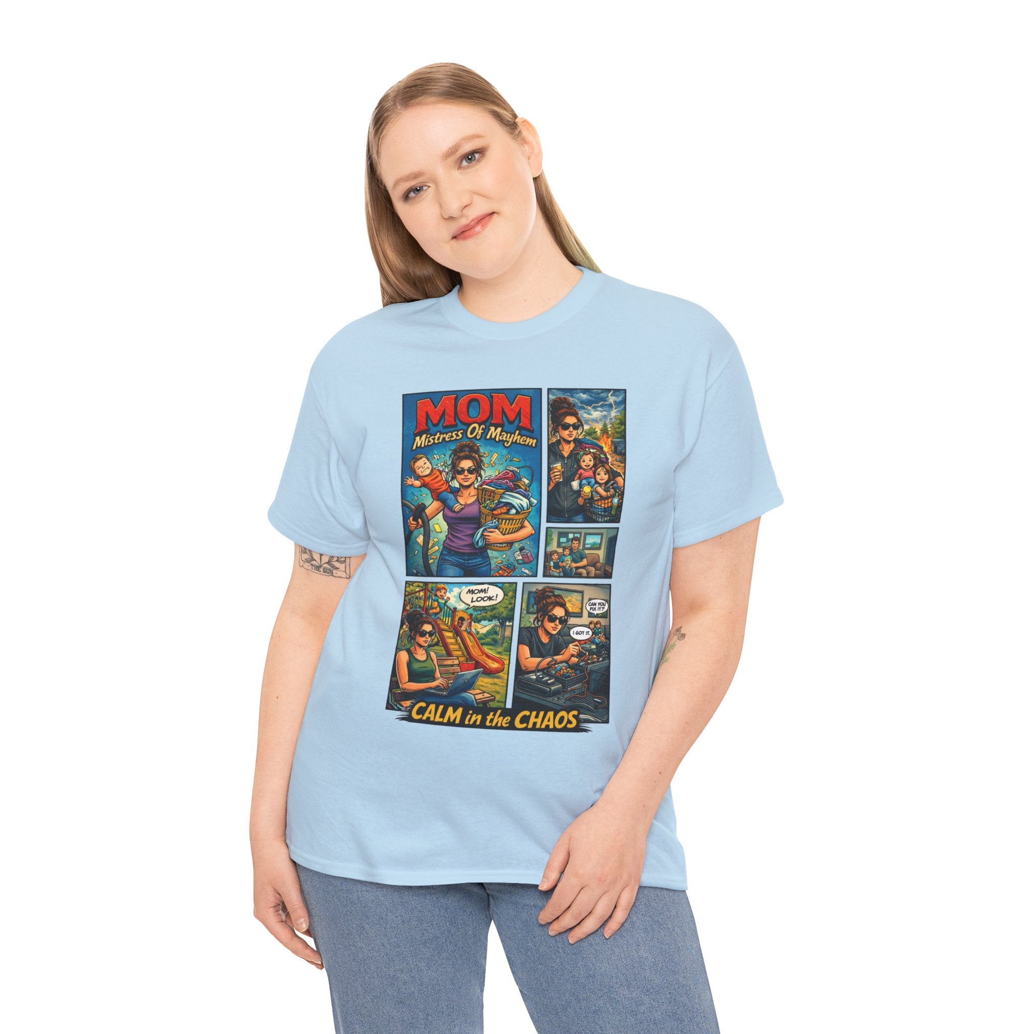 Woman wearing a light blue t-shirt with a graphic design on a white background