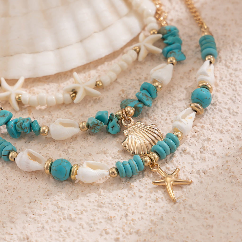 Beach Style Multi-Layer Turquoise Anklet Set