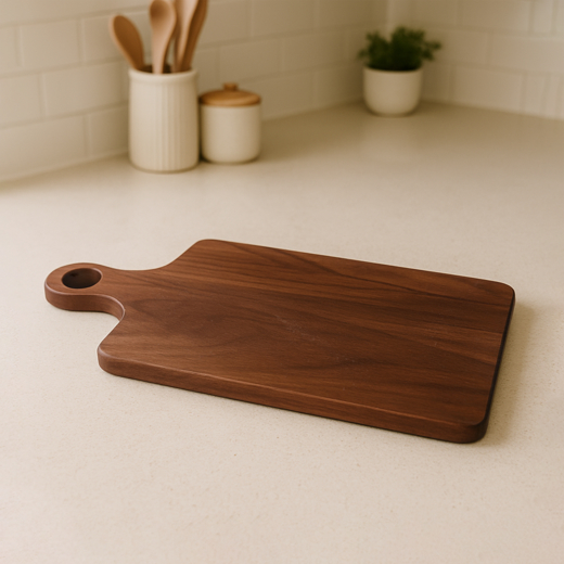 Wooden cutting board on a kitchen counter with a blurred background