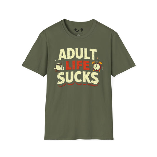 Green t-shirt with 'Adult Life Sucks' text on a white background