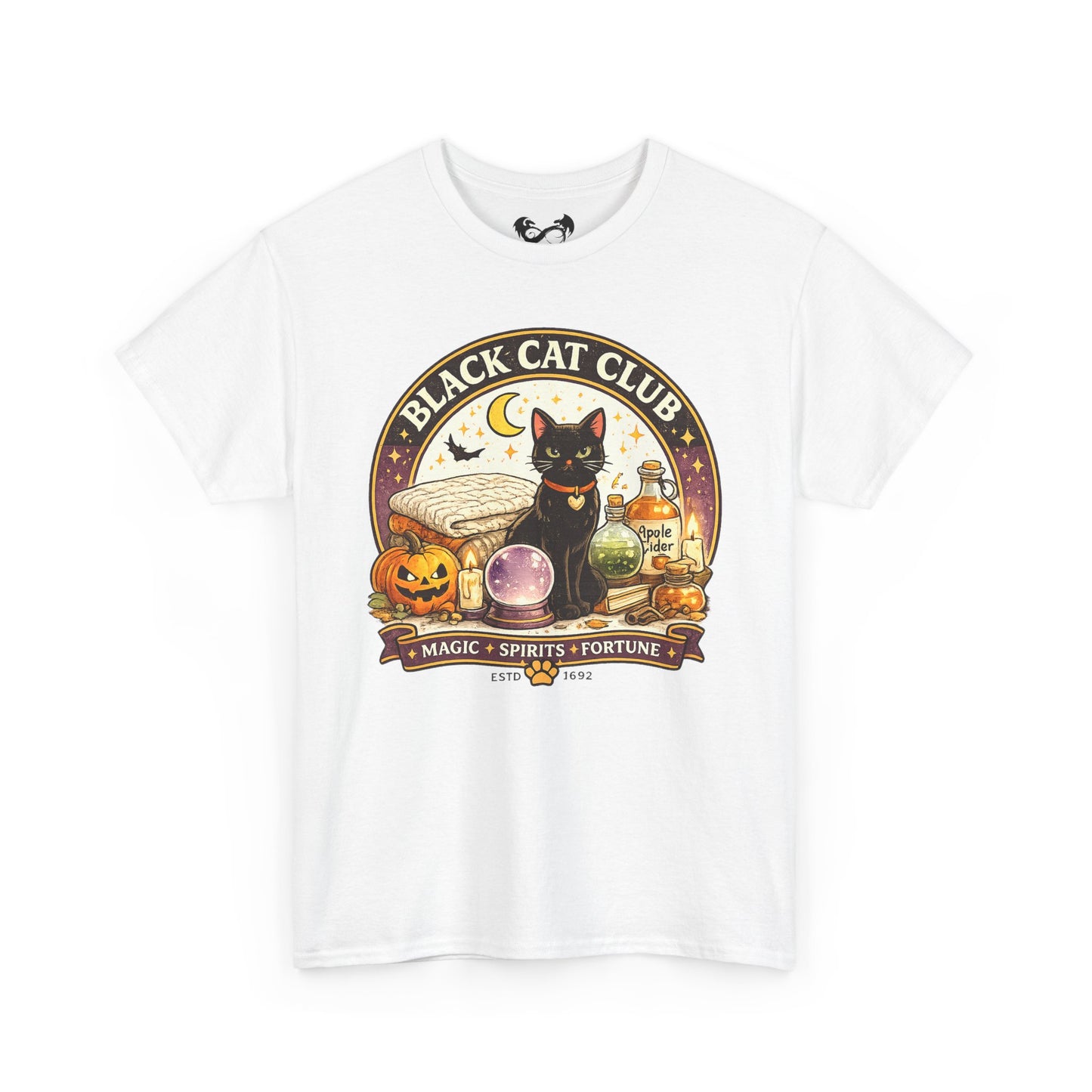 A white short-sleeve crewneck t-shirt featuring a circular graphic print on the front. The graphic depicts a black cat with a red collar next to a glowing purple crystal ball, a jack-o'-lantern, a potion bottle, and a banner that reads 'BLACK CAT CLUB' and 'MAGIC • SPIRITS • FORTUNE'.