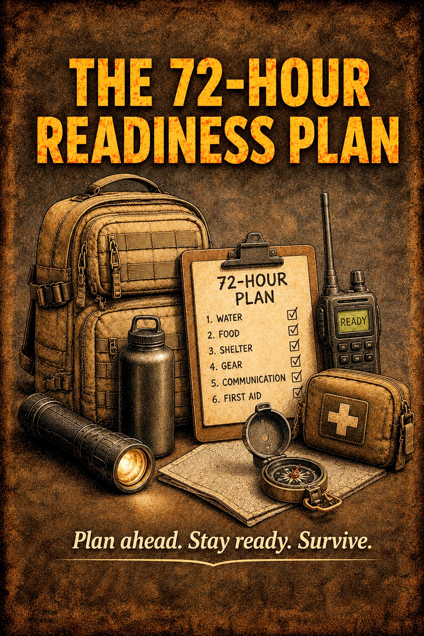 A promotional graphic for 'The 72-Hour Readiness Plan' showing a collection of survival and emergency preparedness items, including a tactical backpack, a flashlight, a thermos, a clipboard with a 72-hour plan checklist, a walkie-talkie, a first aid pouch, a compass, and a notebook, all set against a textured brown background with the text 'Plan ahead. Stay ready.