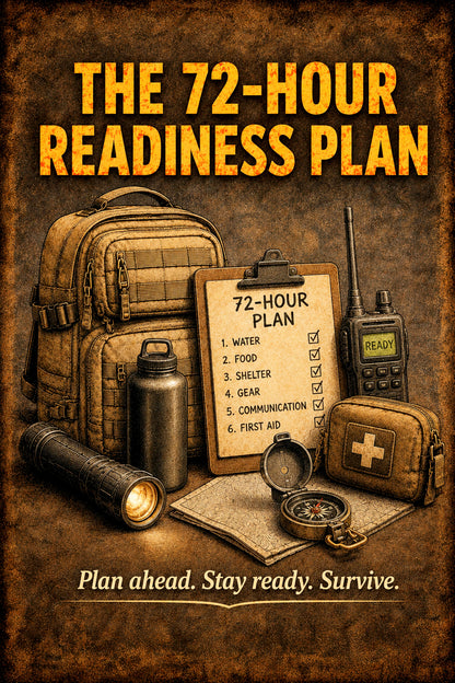 A promotional graphic for 'The 72-Hour Readiness Plan' showing a collection of survival and emergency preparedness items, including a tactical backpack, a flashlight, a thermos, a clipboard with a 72-hour plan checklist, a walkie-talkie, a first aid pouch, a compass, and a notebook, all set against a textured brown background with the text 'Plan ahead. Stay ready.