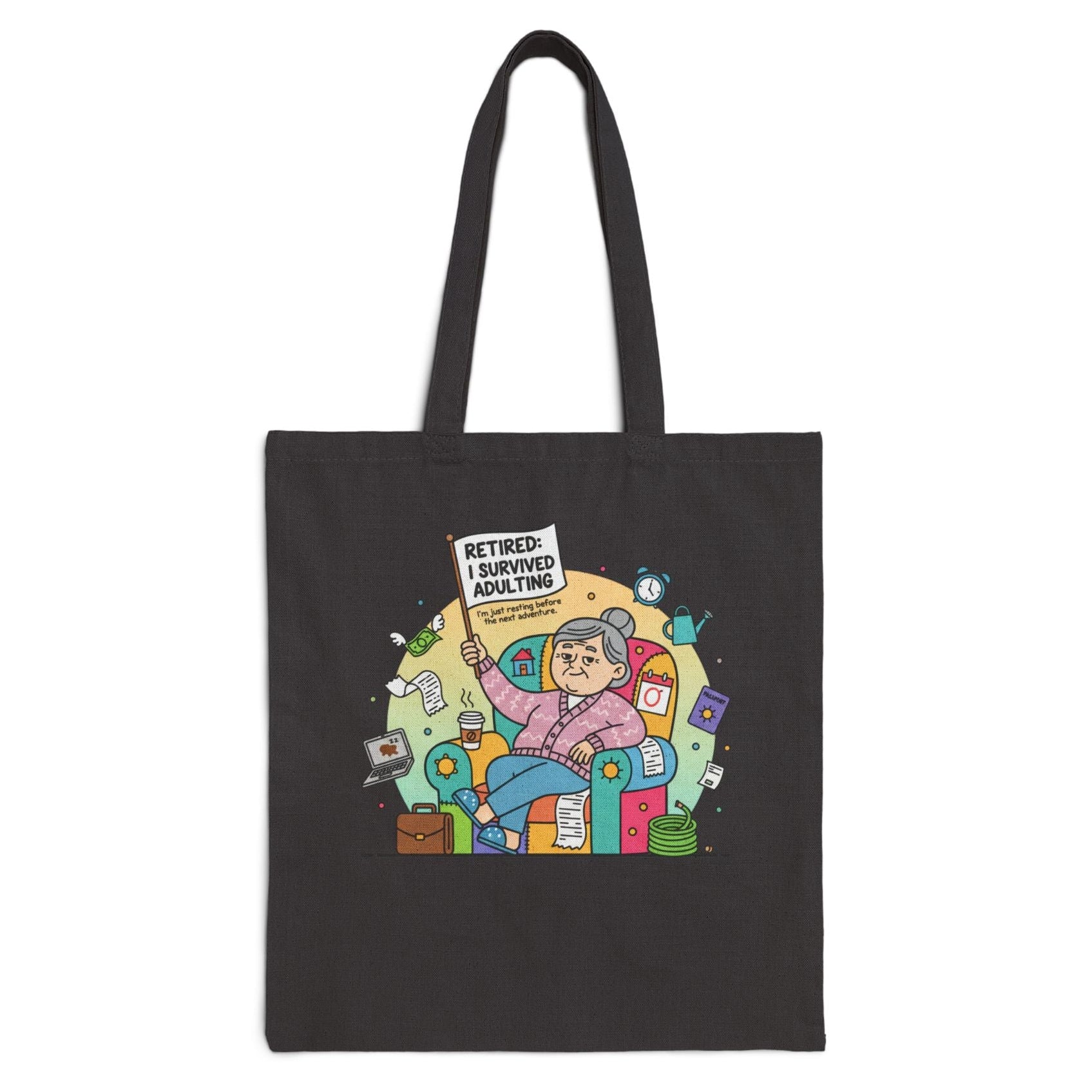 Black tote bag with colorful graphic design on a white background