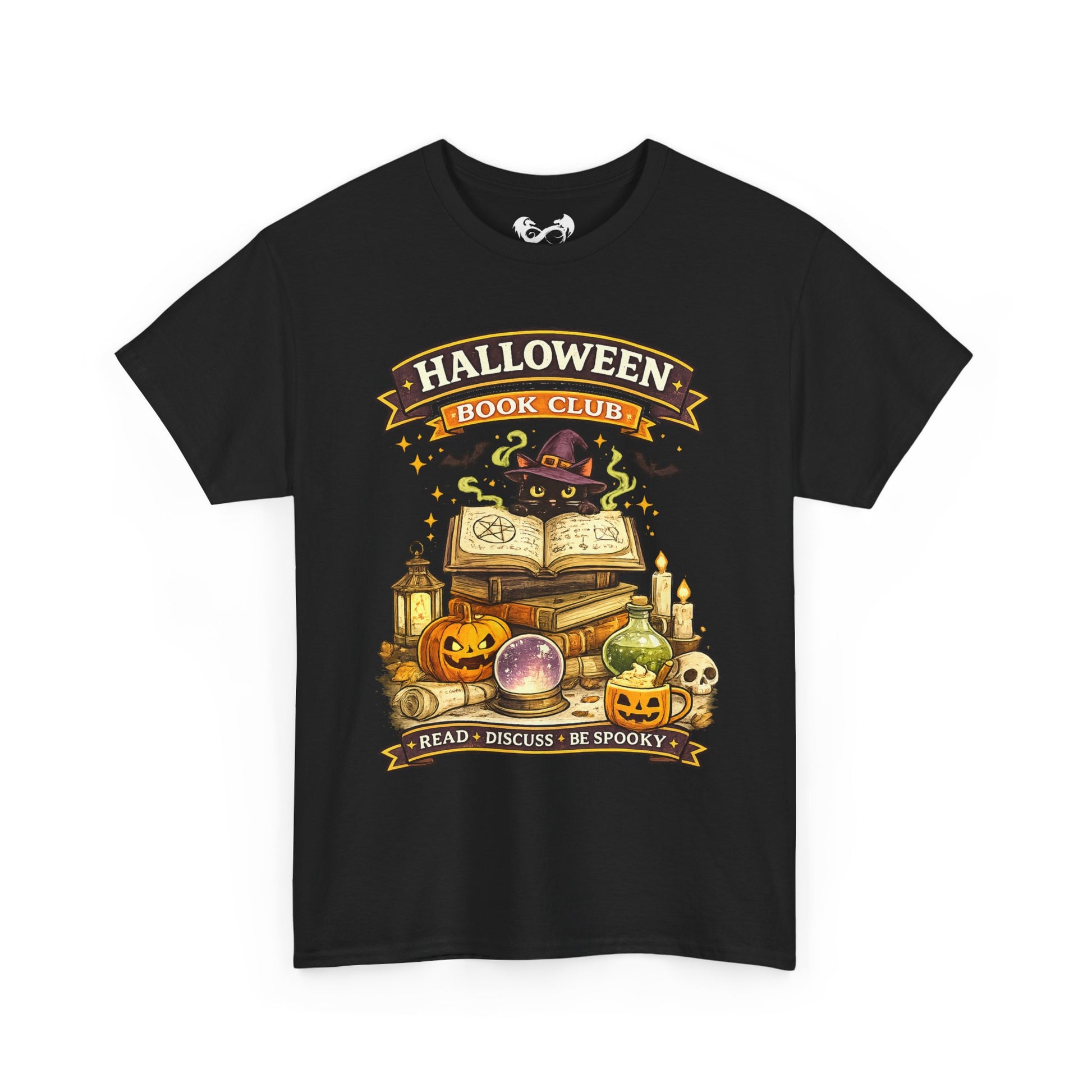 A black short-sleeve crewneck t-shirt featuring a colorful graphic print on the front with the text 'HALLOWEEN BOOK CLUB' and an illustration of a witch's potion, skull, pumpkin, and open book.