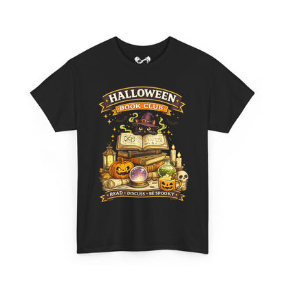 A black short-sleeve crewneck t-shirt featuring a colorful graphic print on the front with the text 'HALLOWEEN BOOK CLUB' and an illustration of a witch's potion, skull, pumpkin, and open book.