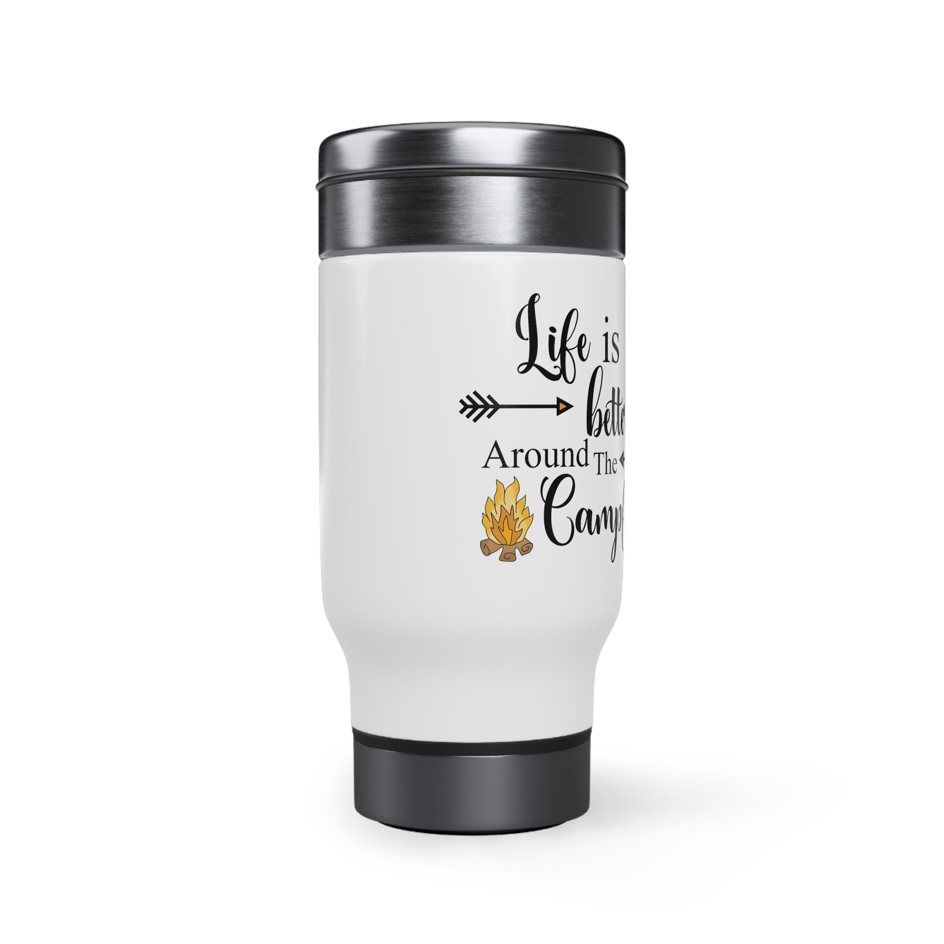 Get cozy with our Life is Better Around a Campfire Stainless Steel Travel Mug! This 14oz mug with handle is perfect for keeping your drinks hot while camping or on the go. No need to sacrifice style for functionality - bring the campfire vibes with you wherever you go!