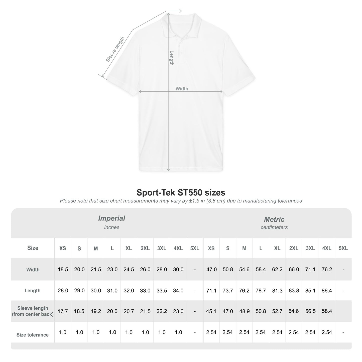 White t-shirt with measurement chart on a white background
