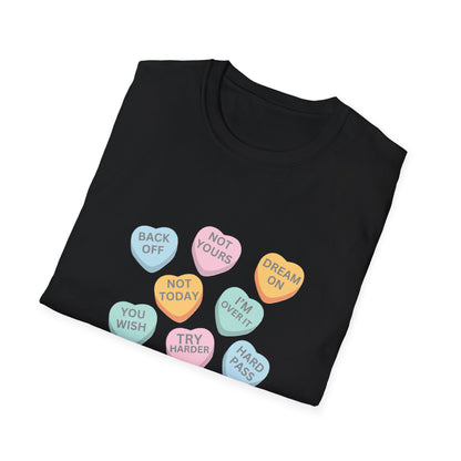 This graphic tee delivers irreverent Valentine's Day humor through bold candy heart sayings with a darkly comedic twist