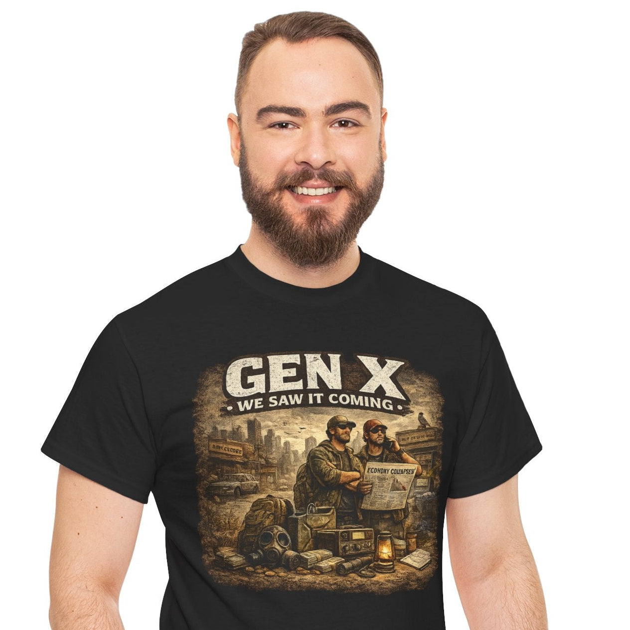 Man wearing a black t-shirt with 'GEN X We Saw It Coming' graphic design on a white background