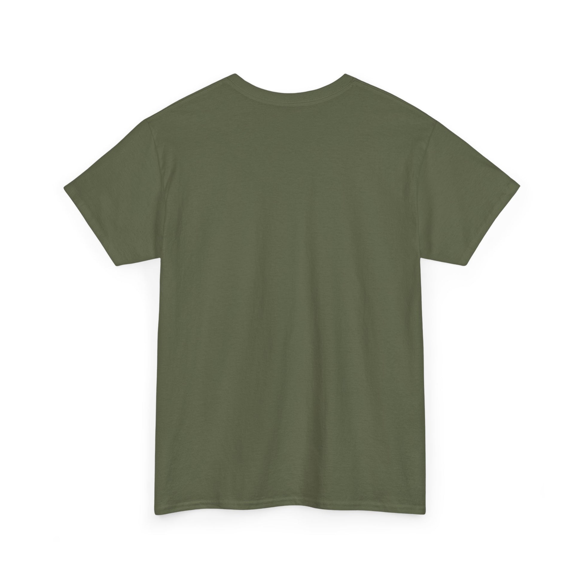 An olive green short-sleeve crewneck t-shirt shown from the back, laid flat against a solid white background.