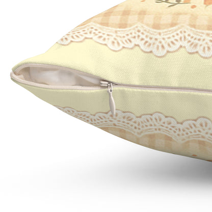 Light green pillow with lace trim on a white background