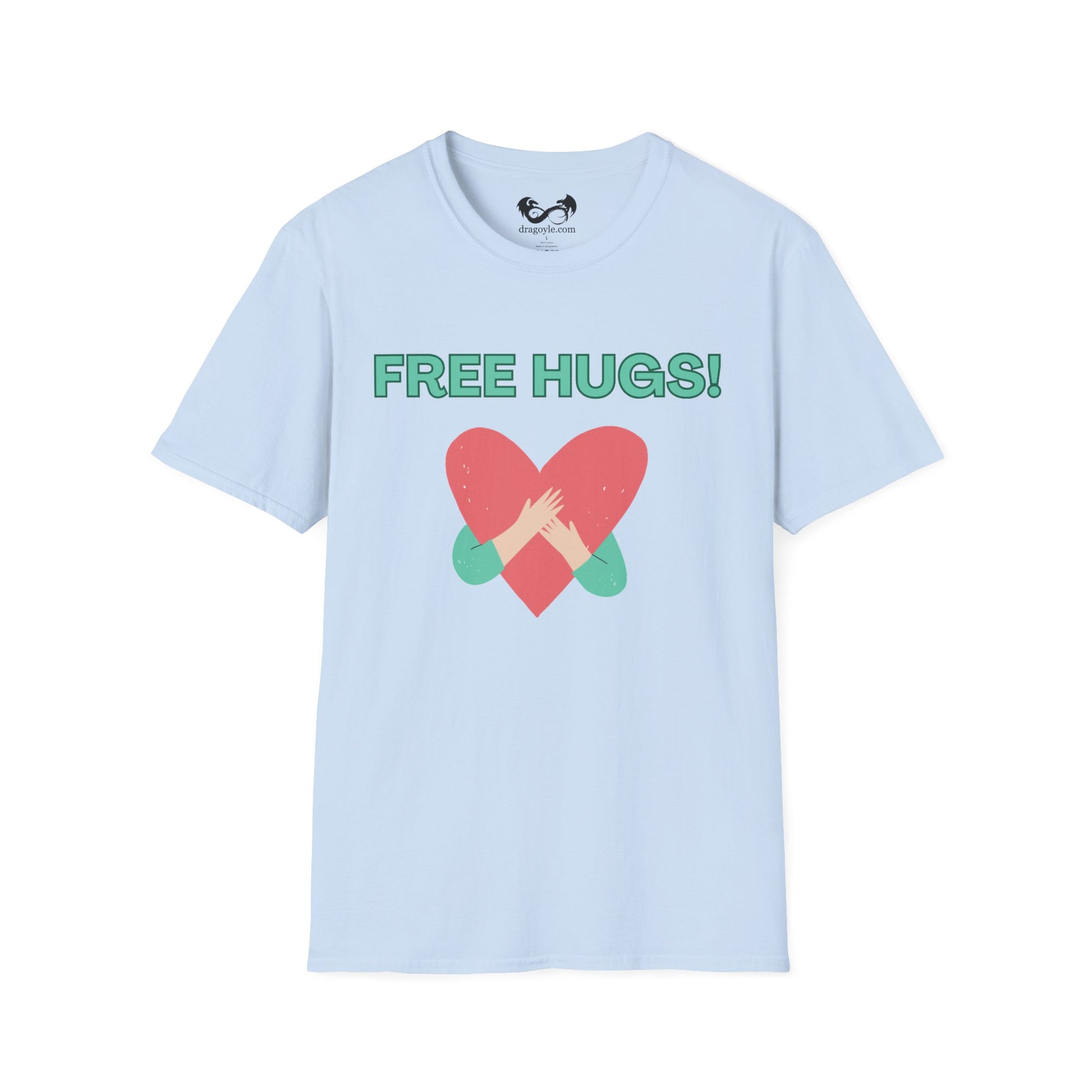 Light blue t-shirt with a red heart and 'FREE HUGS!' text on a white background