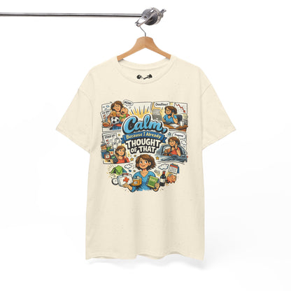 Beige t-shirt with colorful graphic design on a hanger against a white background