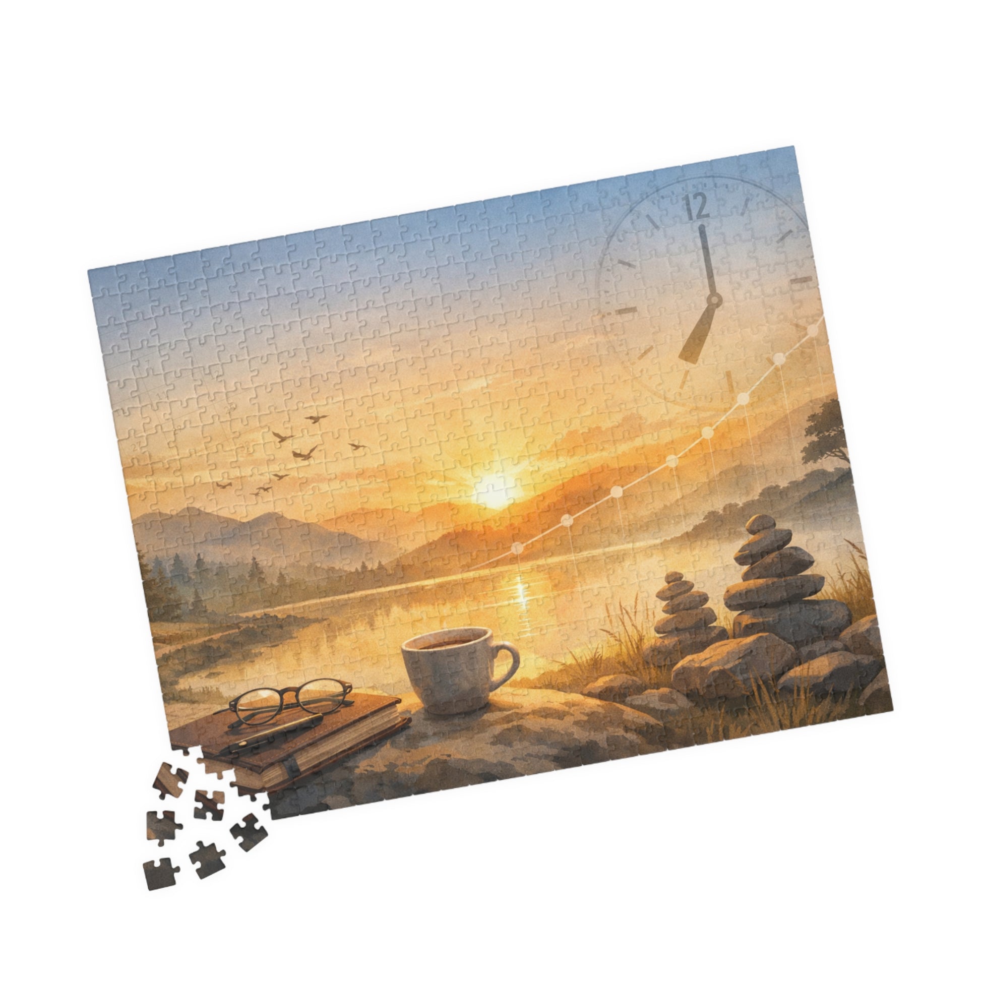 Jigsaw puzzle with a sunset over a lake scene, including a cup, glasses, and stones.