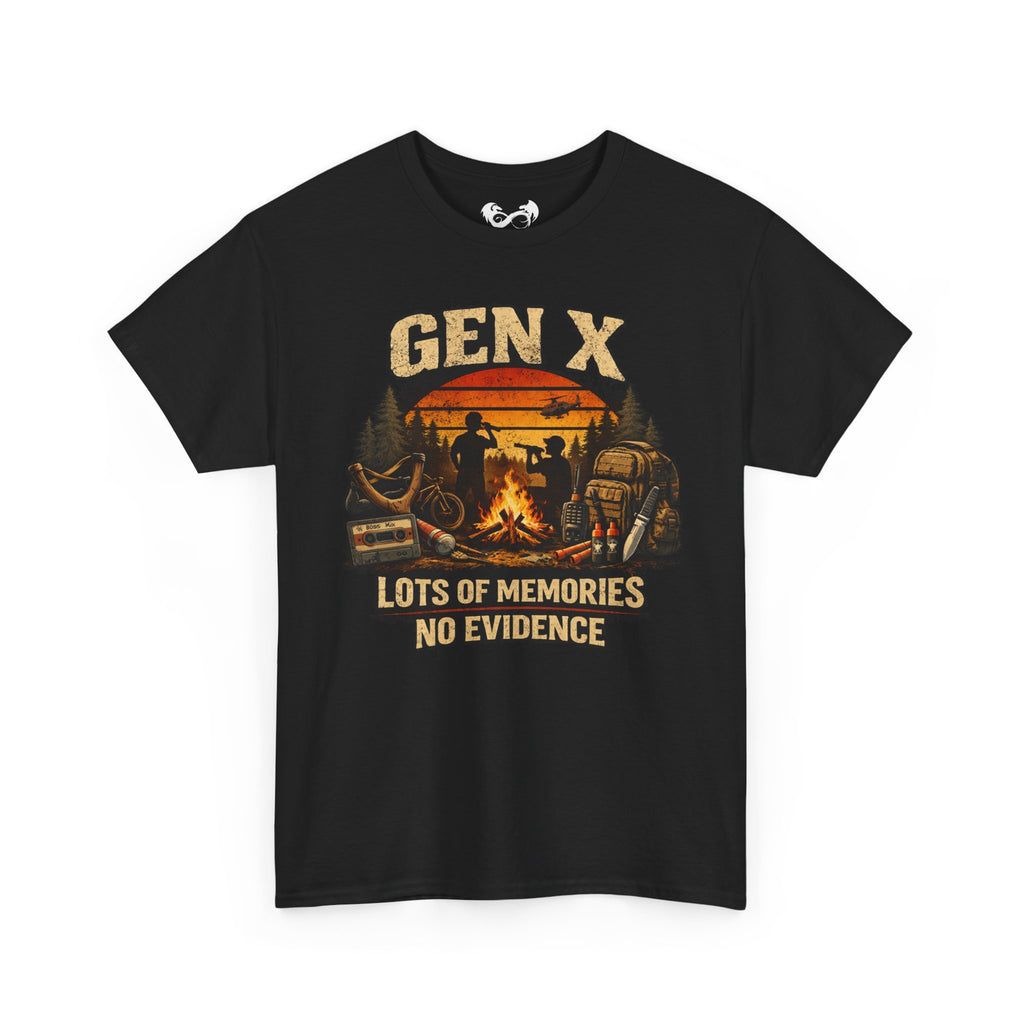 Black t-shirt with 'GEN X Lots of Memories No Evidence' graphic design on a white background