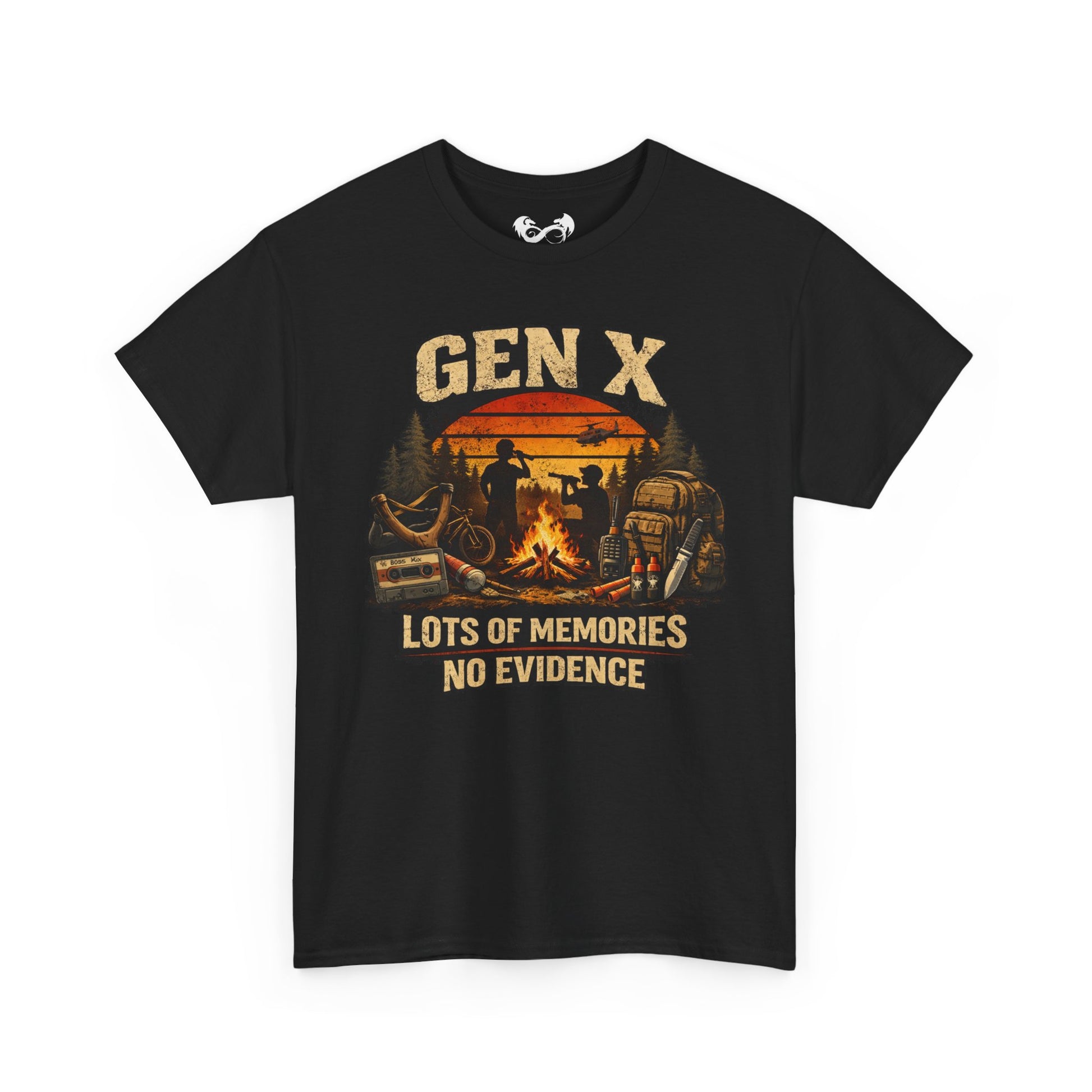 Black t-shirt with 'GEN X Lots of Memories No Evidence' graphic design on a white background