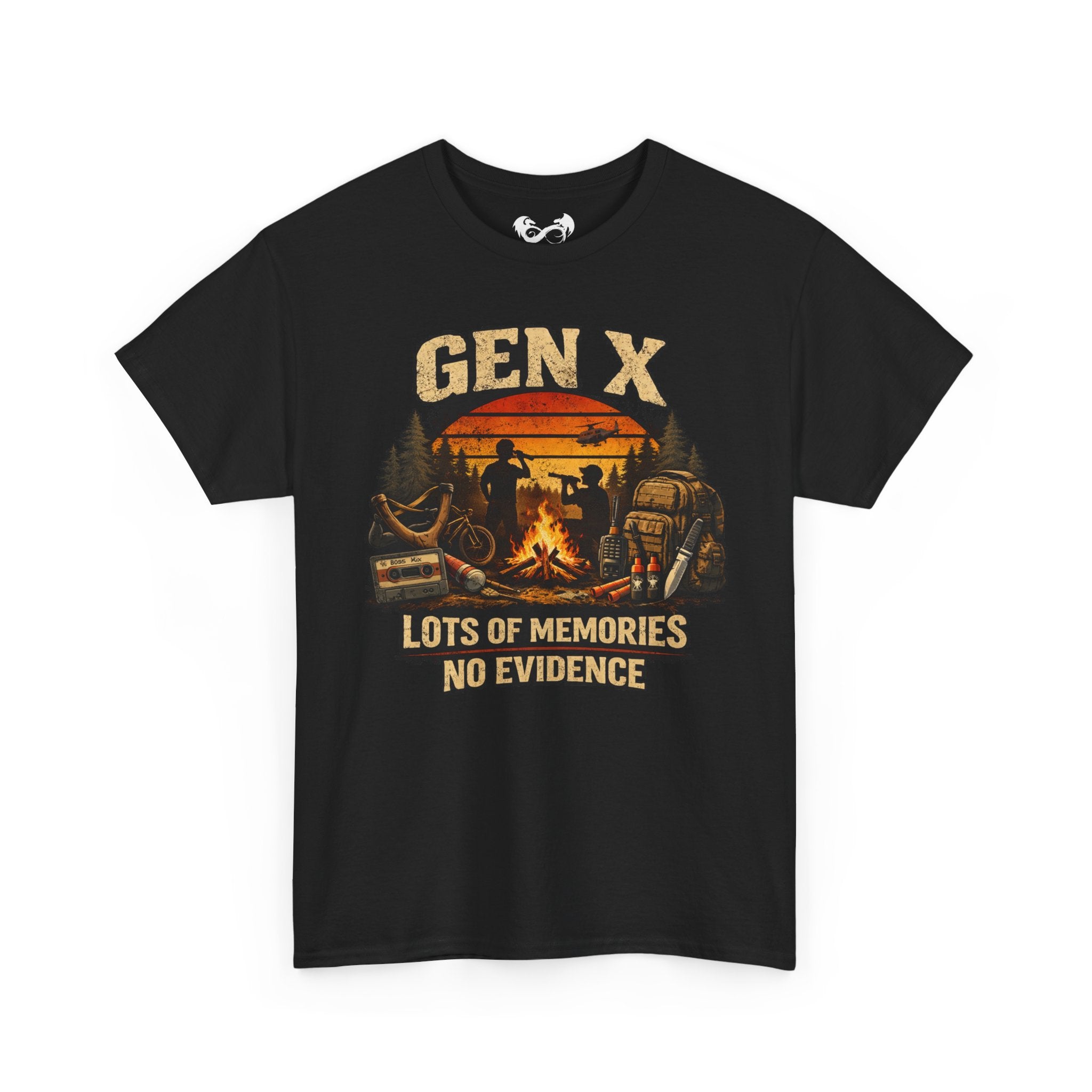 Black t-shirt with 'GEN X Lots of Memories No Evidence' graphic design on a white background