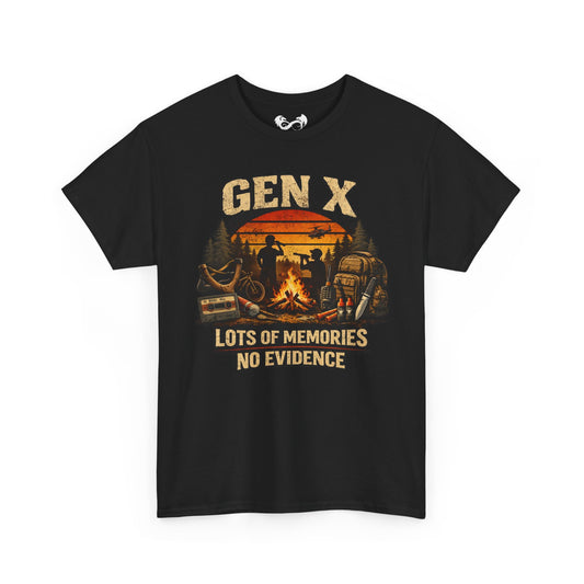Black t-shirt with 'GEN X Lots of Memories No Evidence' graphic design on a white background