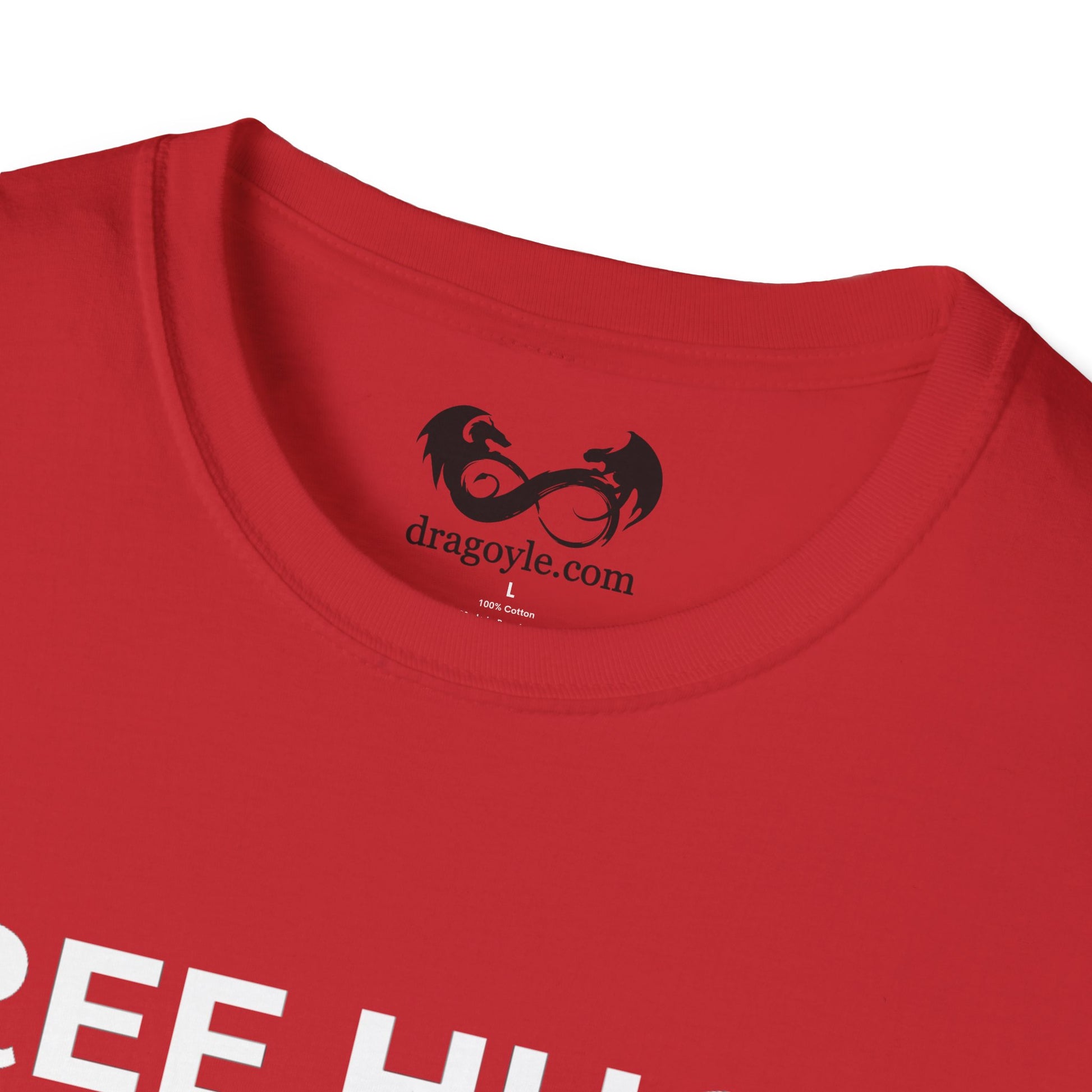 Red t-shirt with a black logo and text on a white background
