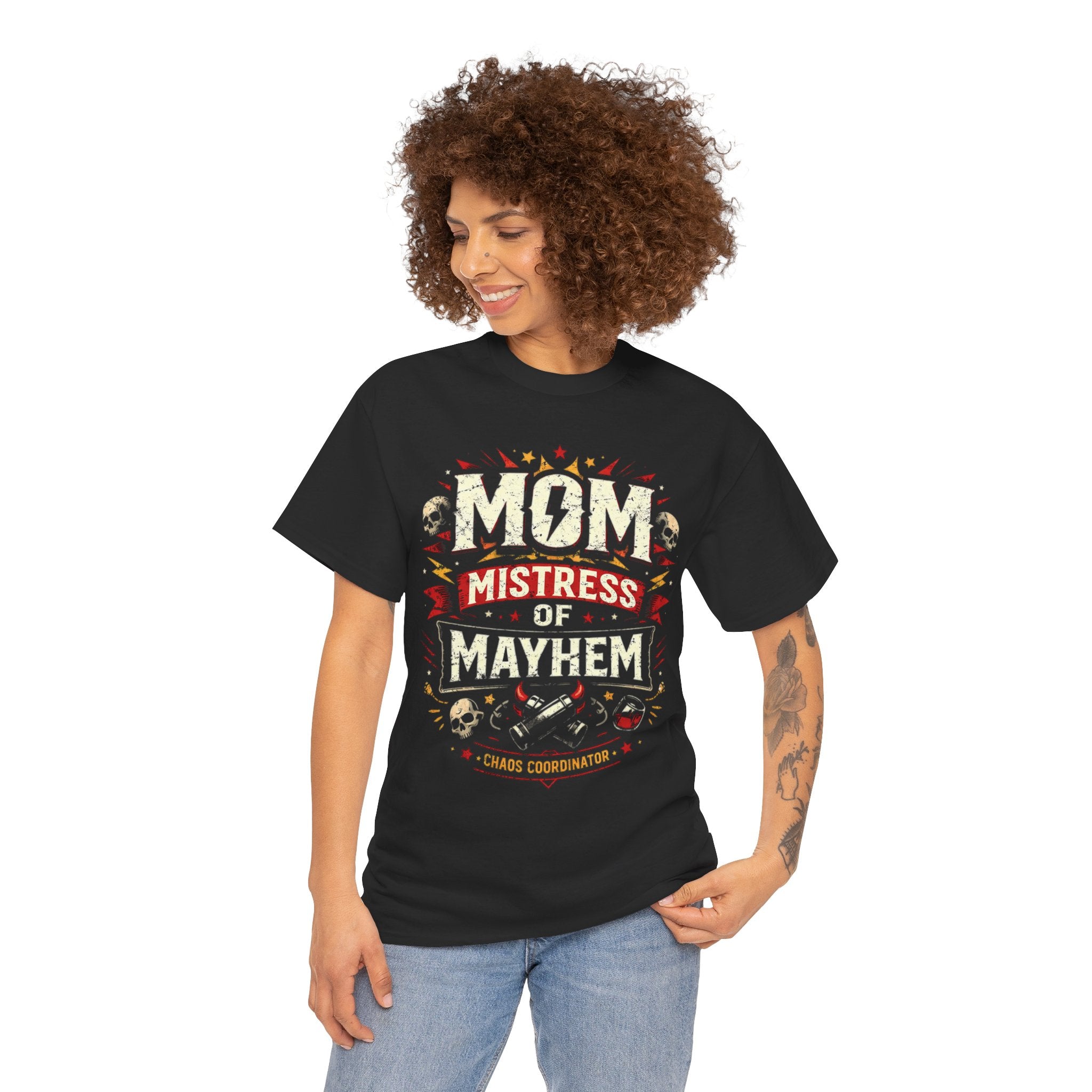 Woman wearing a black t-shirt with a graphic design on a white background