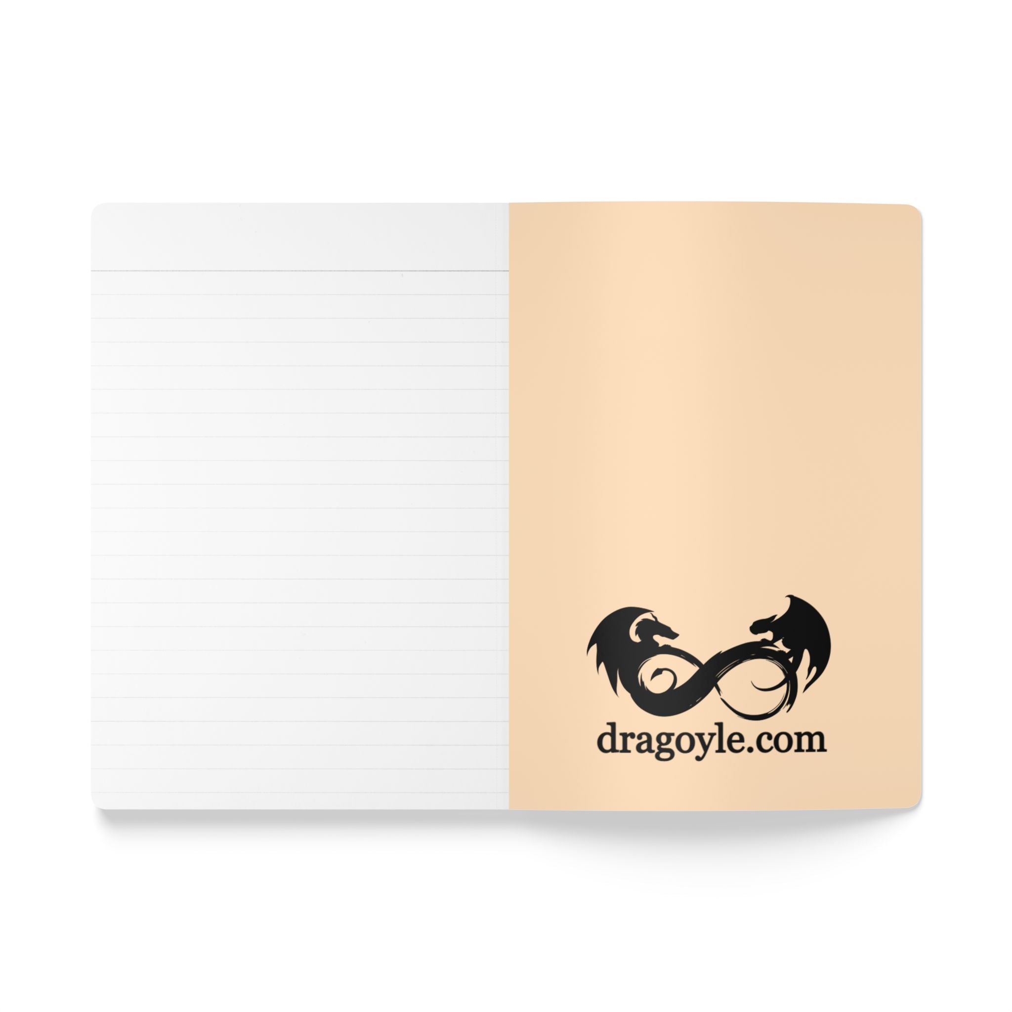 Notebook with dragon design and 'dragoyle.com' text on a beige cover and white back
