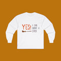White sweatshirt with 'YES! I can drive a stick' text on a white background