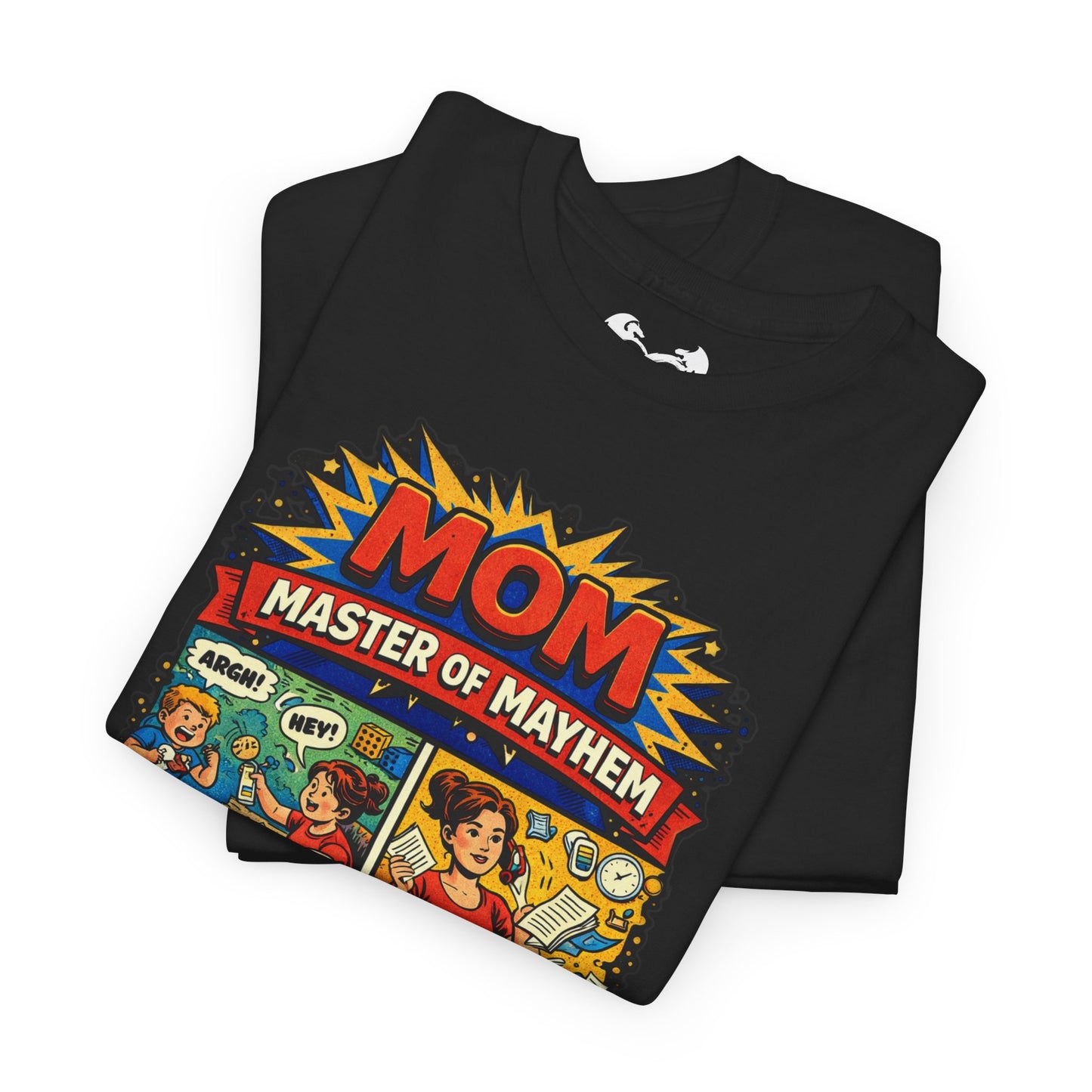 Black t-shirt with colorful graphic design and text 'Mom Master of Mayhem' on a white background