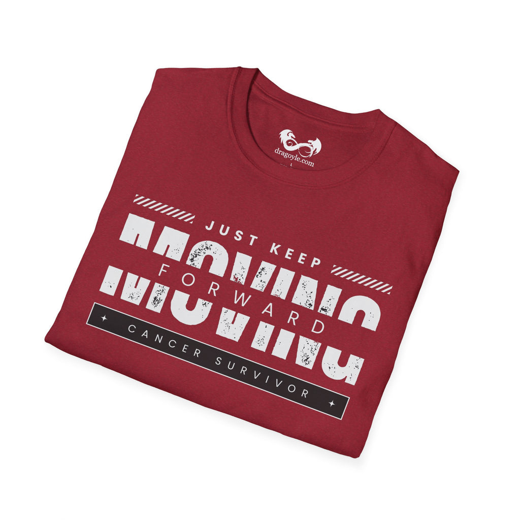 This unisex t-shirt is a canvas for self-expression, crafted for those who embrace resilience. With the phrase "Just Keep Moving Forward - Cancer Survivor" emblazoned across the chest, it celebrates strength and spirit.