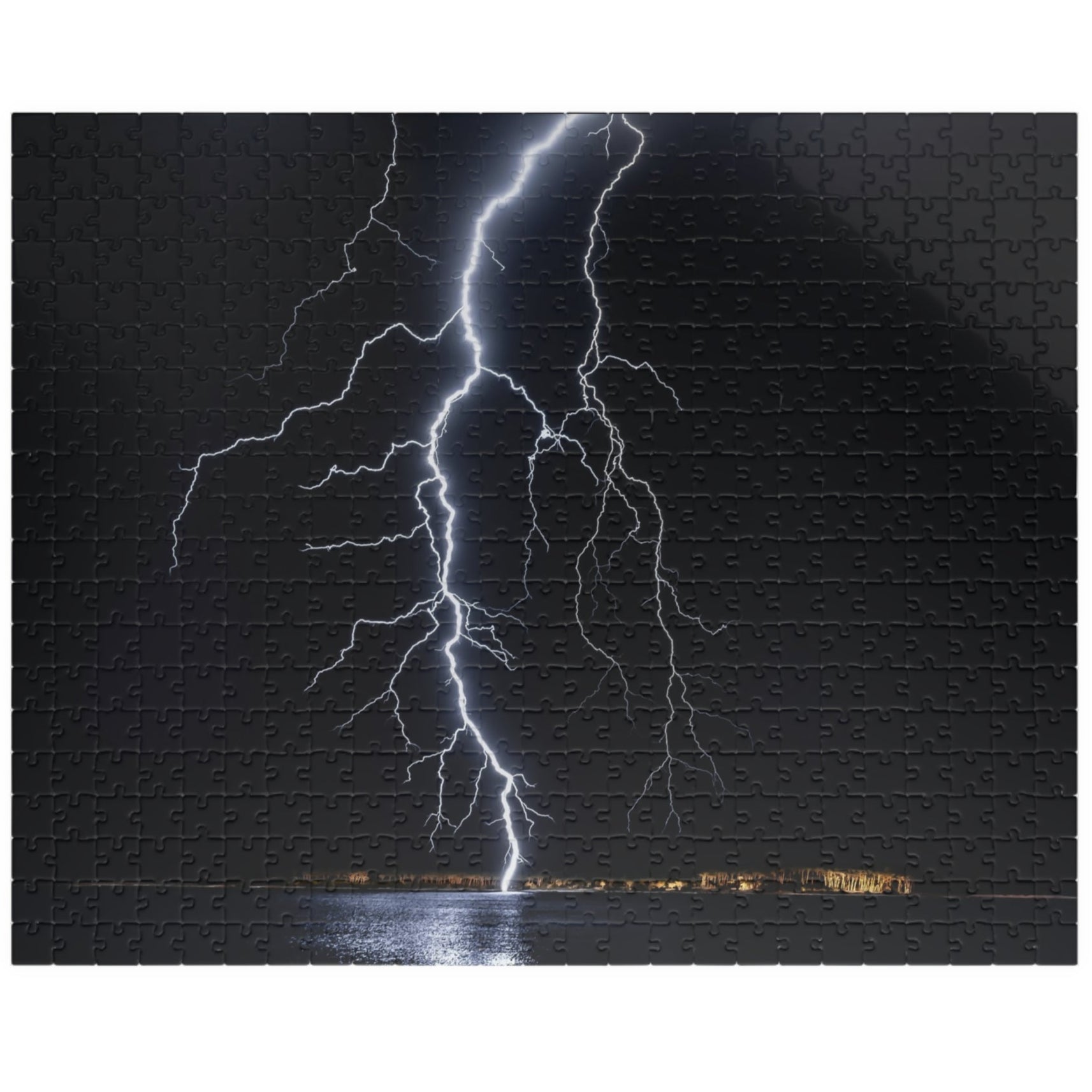 Experience the awe-inspiring beauty of nature with our Lightening Strikes Water Puzzle. This 110 to 1014 piece puzzle features a striking image of a lightning storm over a serene body of water. Challenge your mind and calm your soul with this captivating puzzle.