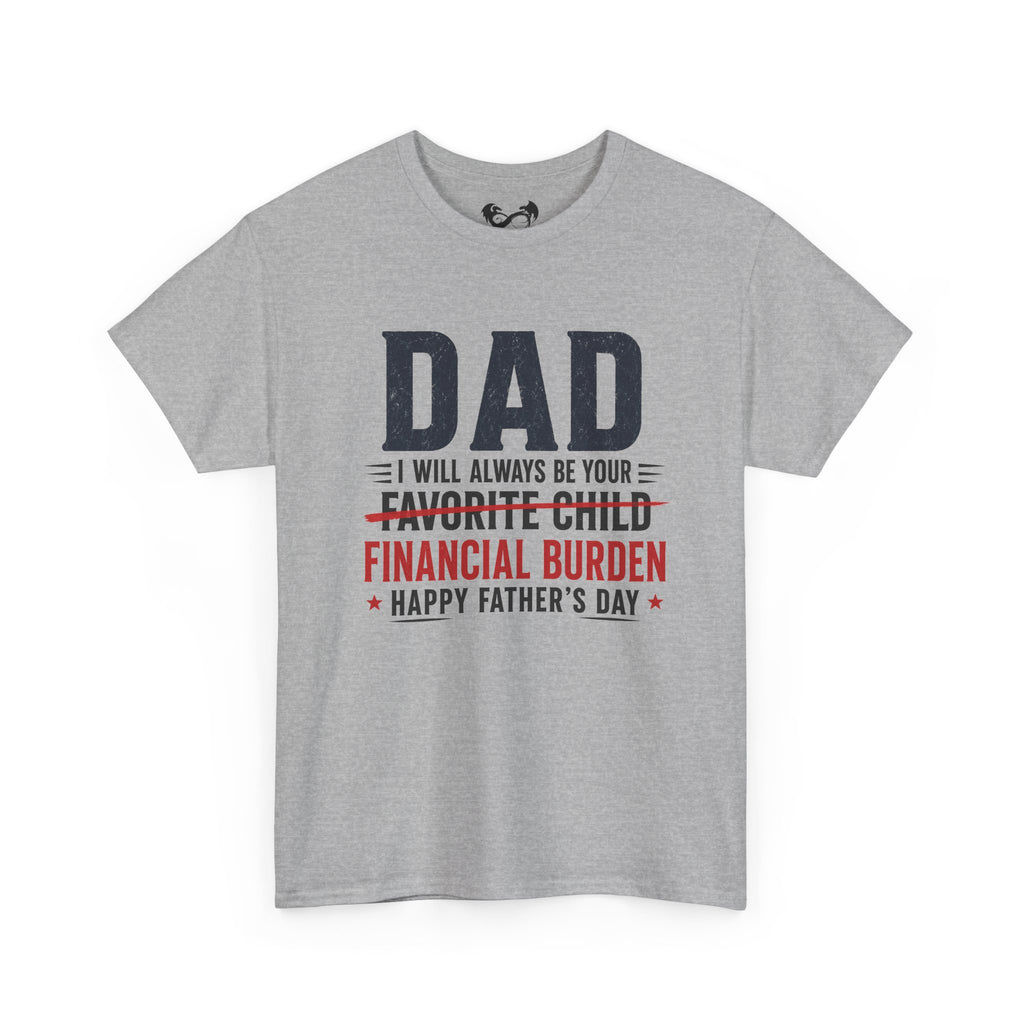 Gray t-shirt with humorous Father's Day text design on a white background