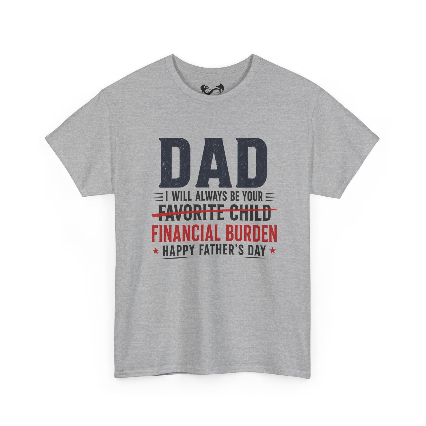 Gray t-shirt with humorous Father's Day text design on a white background