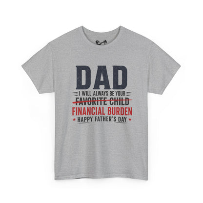 Gray t-shirt with humorous Father's Day text design on a white background