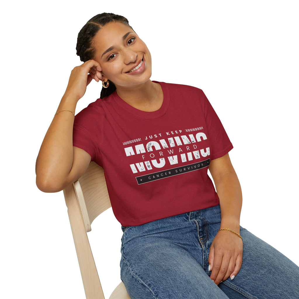 This unisex t-shirt is a canvas for self-expression, crafted for those who embrace resilience. With the phrase "Just Keep Moving Forward - Cancer Survivor" emblazoned across the chest, it celebrates strength and spirit.