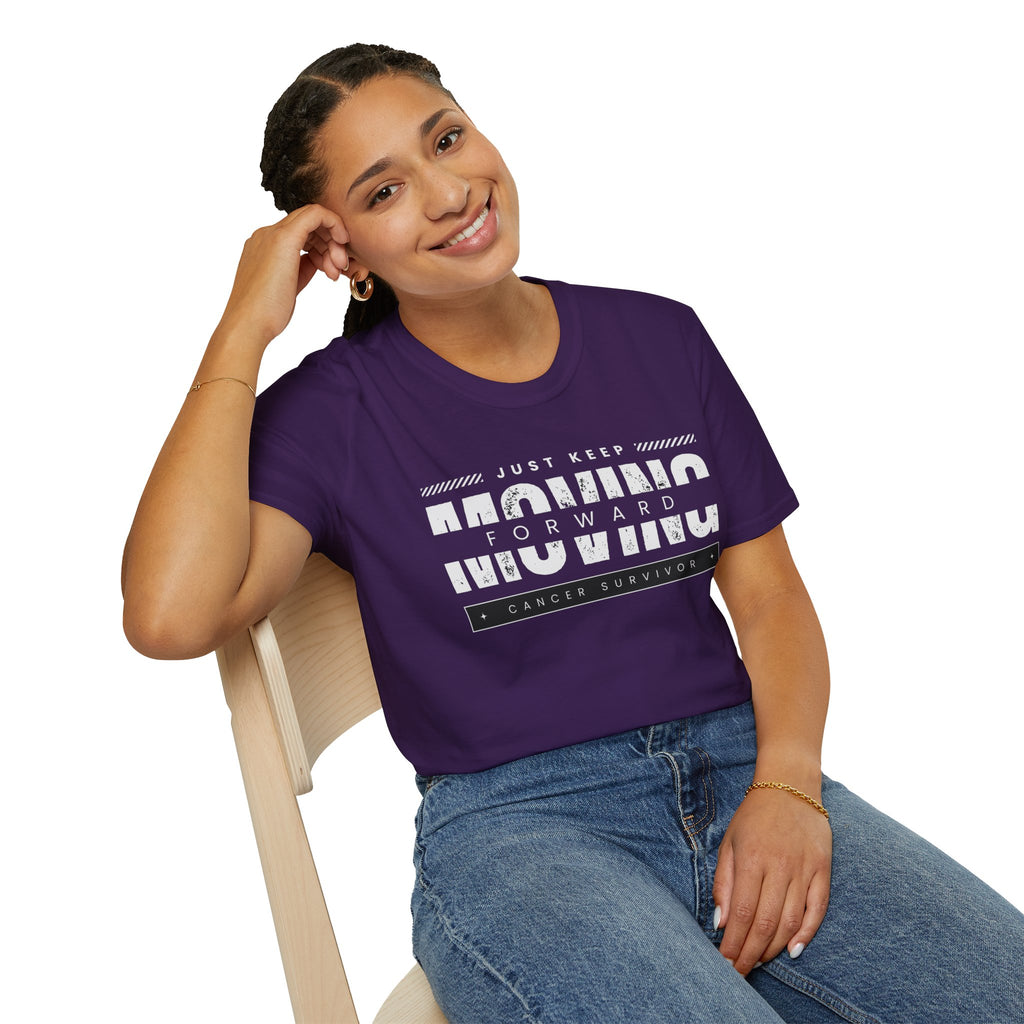 This unisex t-shirt is a canvas for self-expression, crafted for those who embrace resilience. With the phrase "Just Keep Moving Forward - Cancer Survivor" emblazoned across the chest, it celebrates strength and spirit.