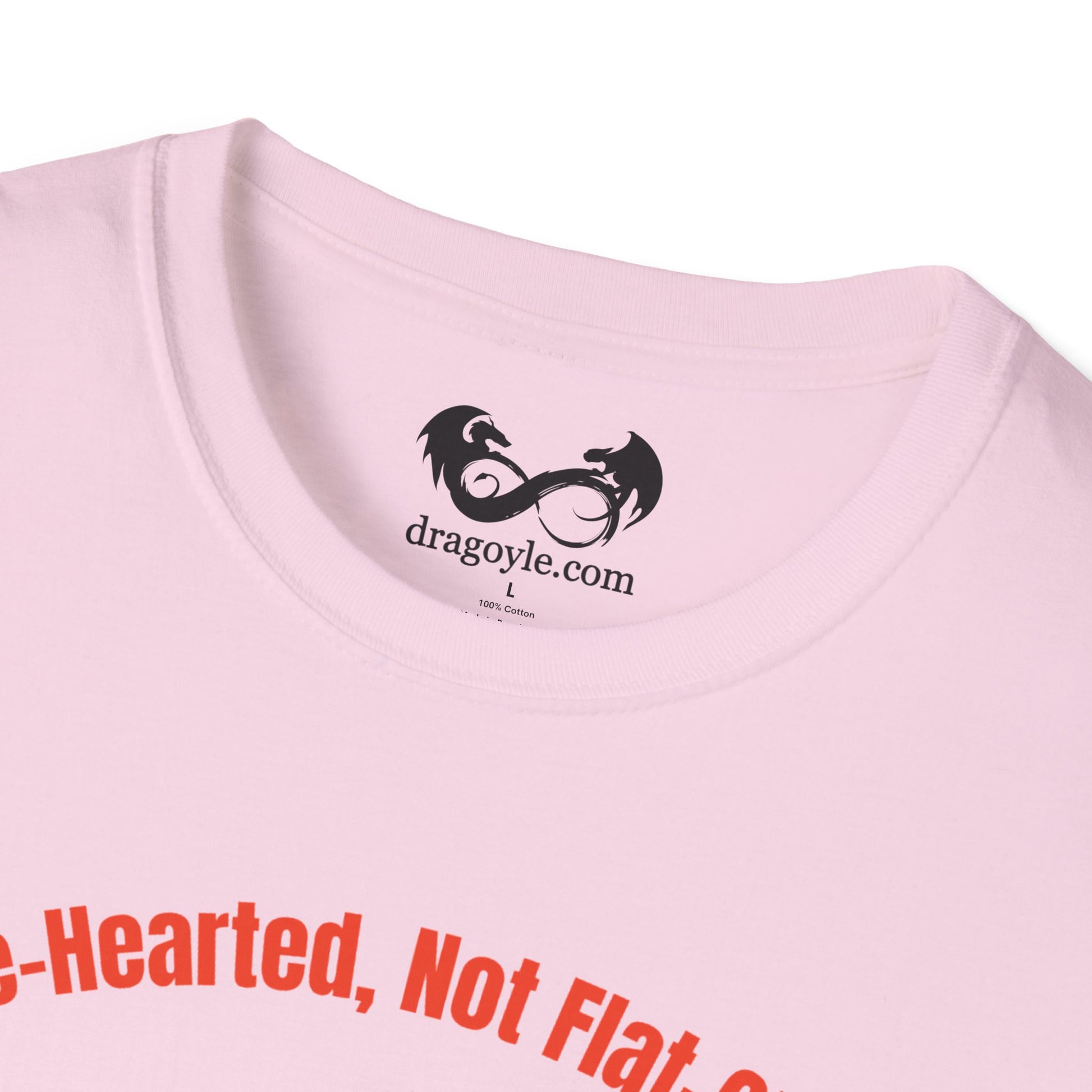 Pink t-shirt with red text and a black logo on a white background