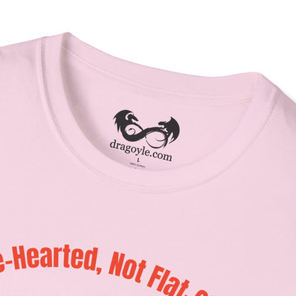 Pink t-shirt with red text and a black logo on a white background