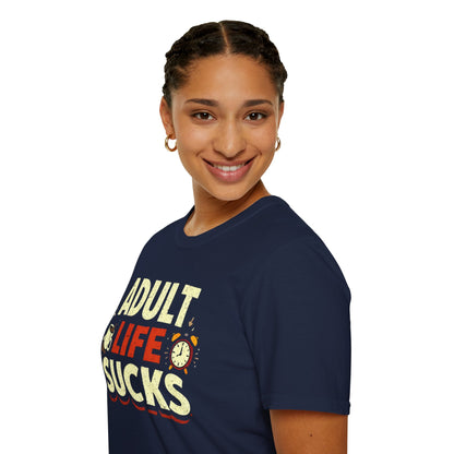 Person wearing a navy blue t-shirt with colorful text on a white background