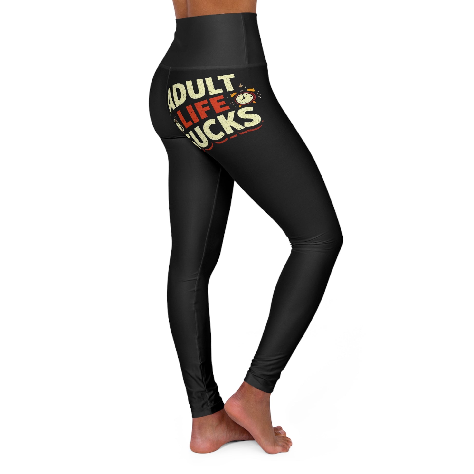 Black leggings with text design on a white background